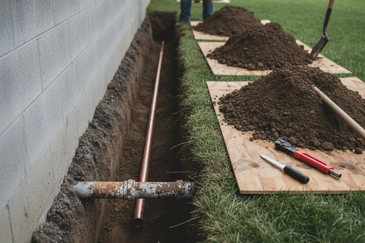 Excavated water line trench during Water Softener Installation in Devon